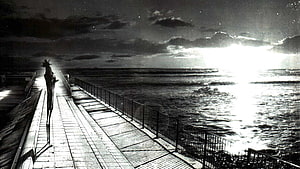 Oyasumi Punpun Character Standing on a Pier at Dusk HD wallpaper
