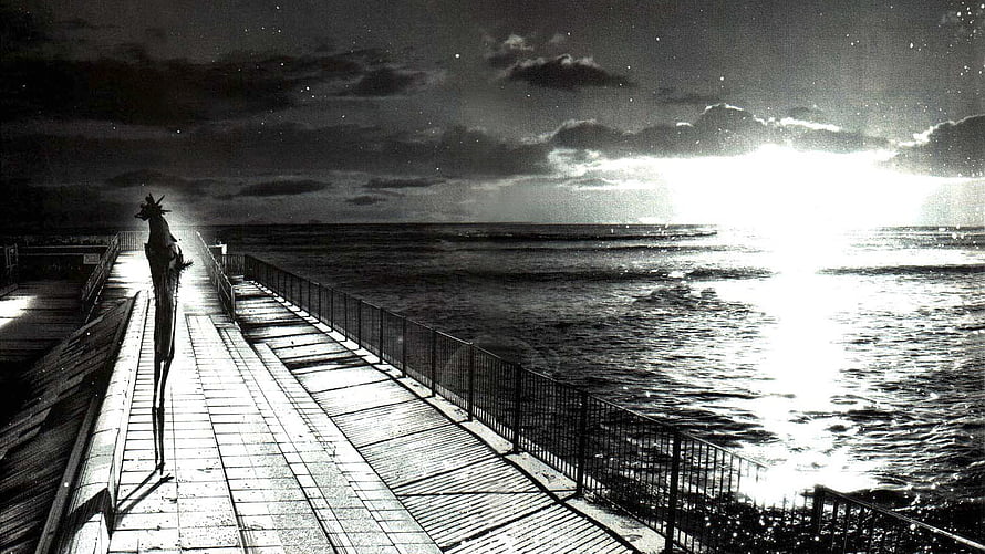 Oyasumi Punpun Character Standing on a Pier at Dusk HD wallpaper