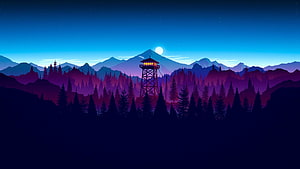 Stylized Night Landscape with Fire Watch Tower, Pine Forest, and Moonlit Mountain Range HD wallpaper