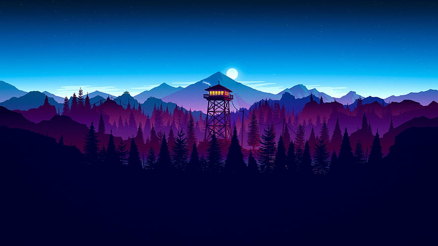 Stylized Night Landscape with Fire Watch Tower, Pine Forest, and Moonlit Mountain Range HD wallpaper