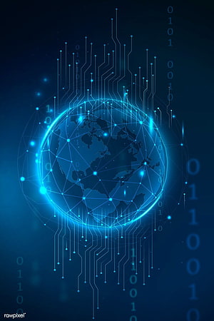 Glowing Digital Globe with Circuit Board Traces and Binary Code on Dark Blue Background HD phone wallpaper