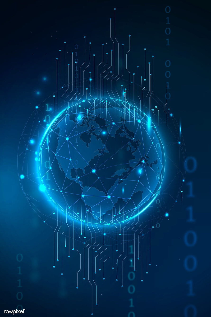 Glowing Digital Globe with Circuit Board Traces and Binary Code on Dark Blue Background HD phone wallpaper