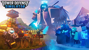 Roblox Tower Defense Simulator Battle Scene with Glowing Characters and Tower HD wallpaper