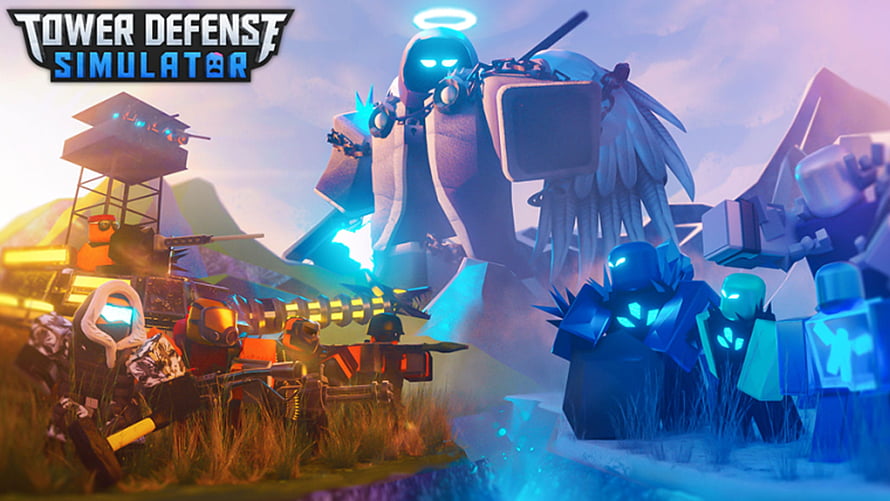 Roblox Tower Defense Simulator Battle Scene with Glowing Characters and Tower HD wallpaper