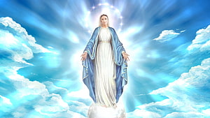 Blessed Virgin Mary Standing on Clouds with Radiant Halo and Blue Mantle HD wallpaper