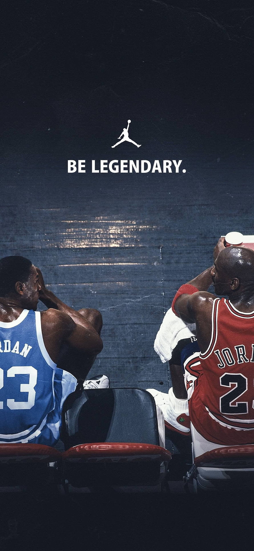 Michael Jordan Bench Scene with Jordan Brand Logo and Be Legendary Slogan HD phone wallpaper