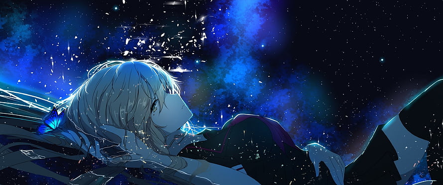 Silver-Haired Anime Girl Lying Under a Starry Night Sky with a Blue Butterfly HD wallpaper