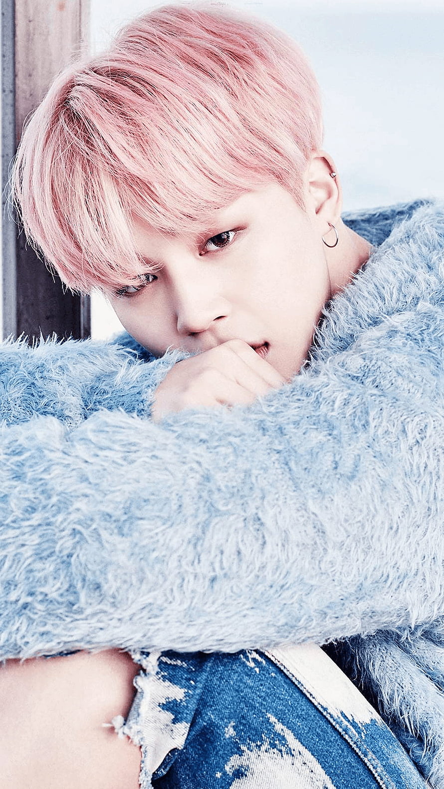 Park Jimin of BTS in a Soft Blue Fuzzy Sweater with Pink Hair HD phone wallpaper