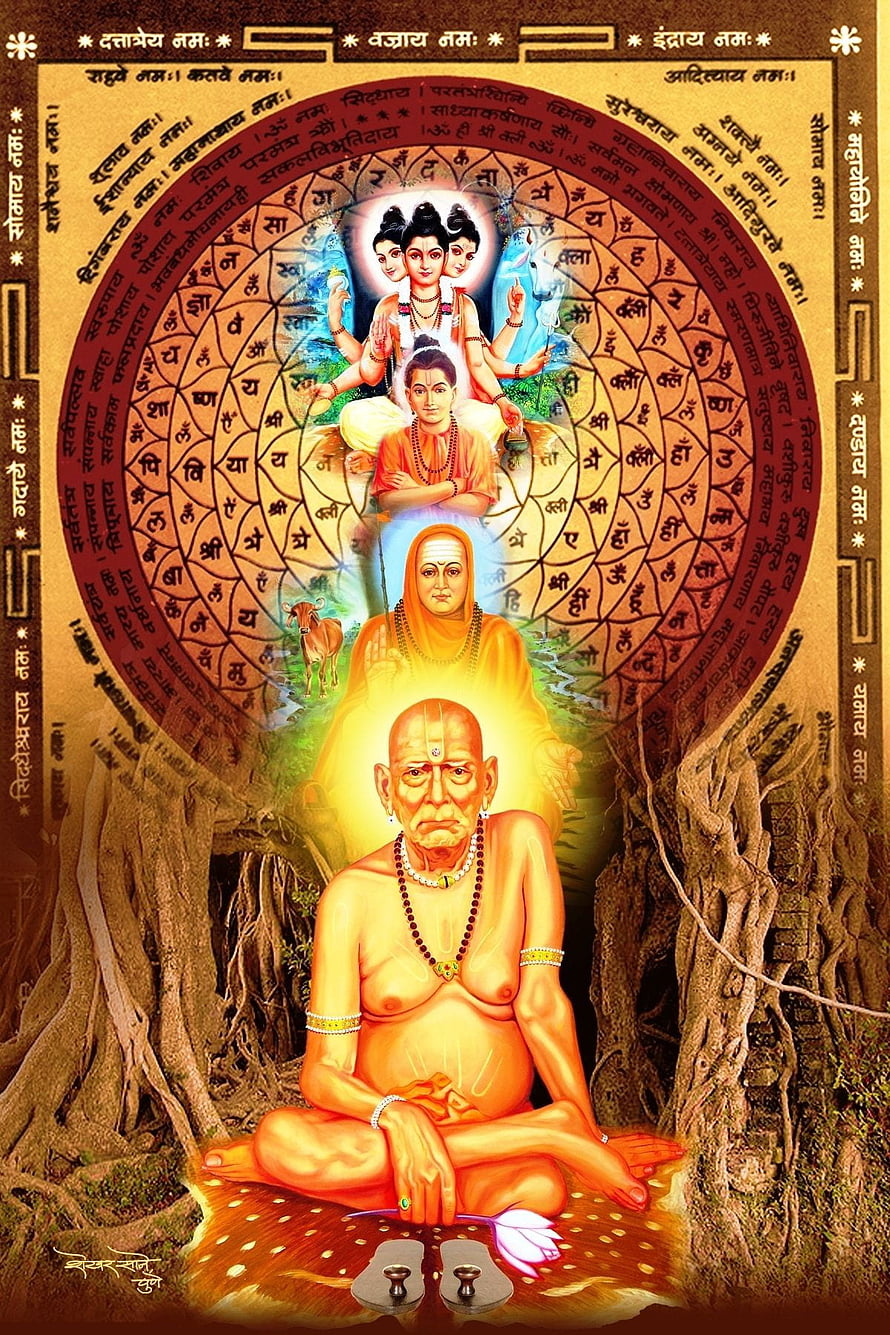 Swami Samarth Spiritual Portrait with Divine Figures and Sanskrit Mantra Mandala HD phone wallpaper