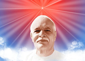 Brahma Baba Spiritual Portrait with Radiant Divine Light and Clouds HD wallpaper