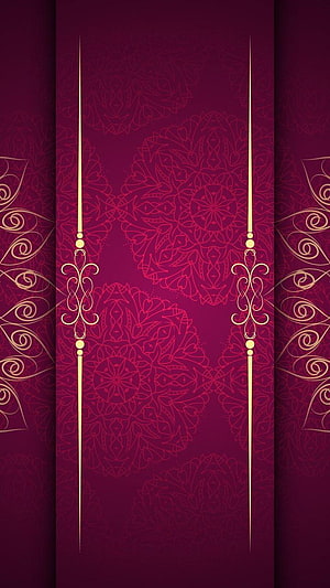 Elegant Maroon Floral Mandala Pattern with Gold Ornamental Scrollwork and Vertical Accents HD phone wallpaper