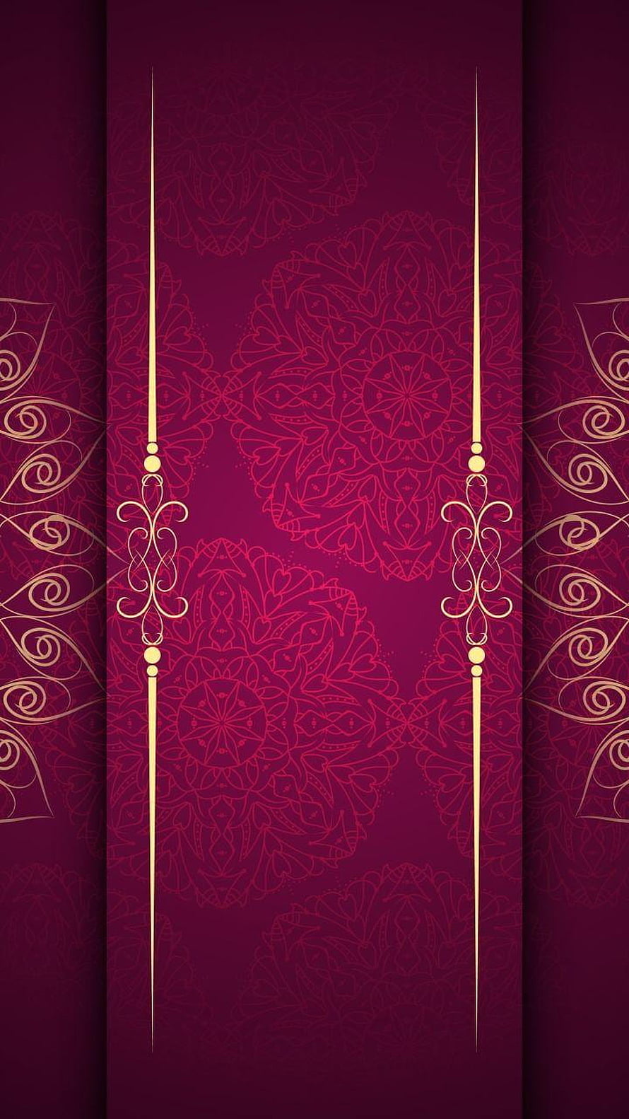 Elegant Maroon Floral Mandala Pattern with Gold Ornamental Scrollwork and Vertical Accents HD phone wallpaper