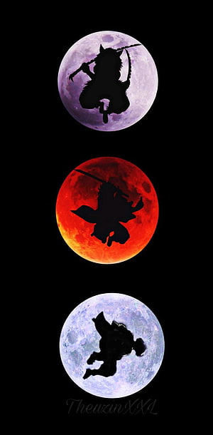 Demon Slayer Silhouettes Against Purple, Red, and Blue Full Moons HD phone wallpaper