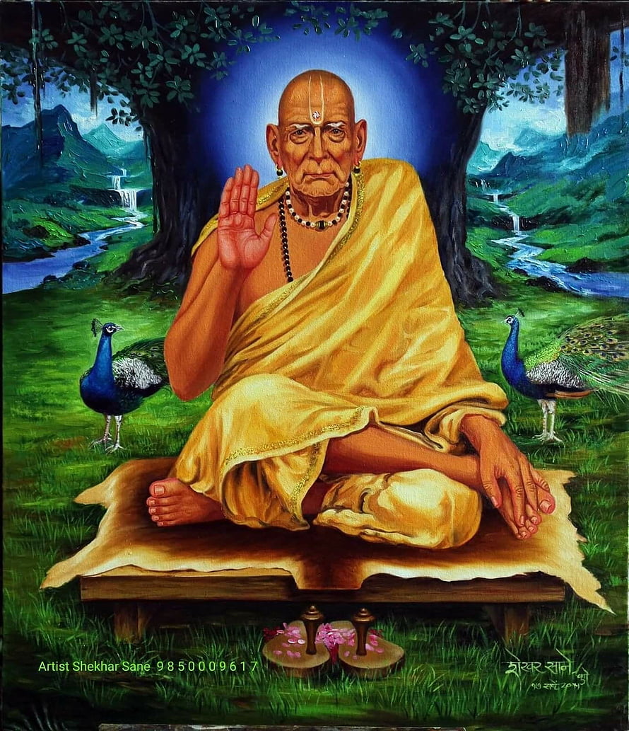 Swami Samarth Spiritual Portrait Painting with Peacocks and Forest Landscape HD phone wallpaper