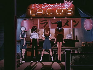 Four anime characters standing before a neon-lit taco and ramen shop at night HD wallpaper