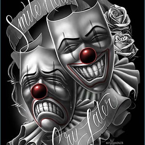 Chicano Art Clown Masks with Red Noses and Roses HD phone wallpaper