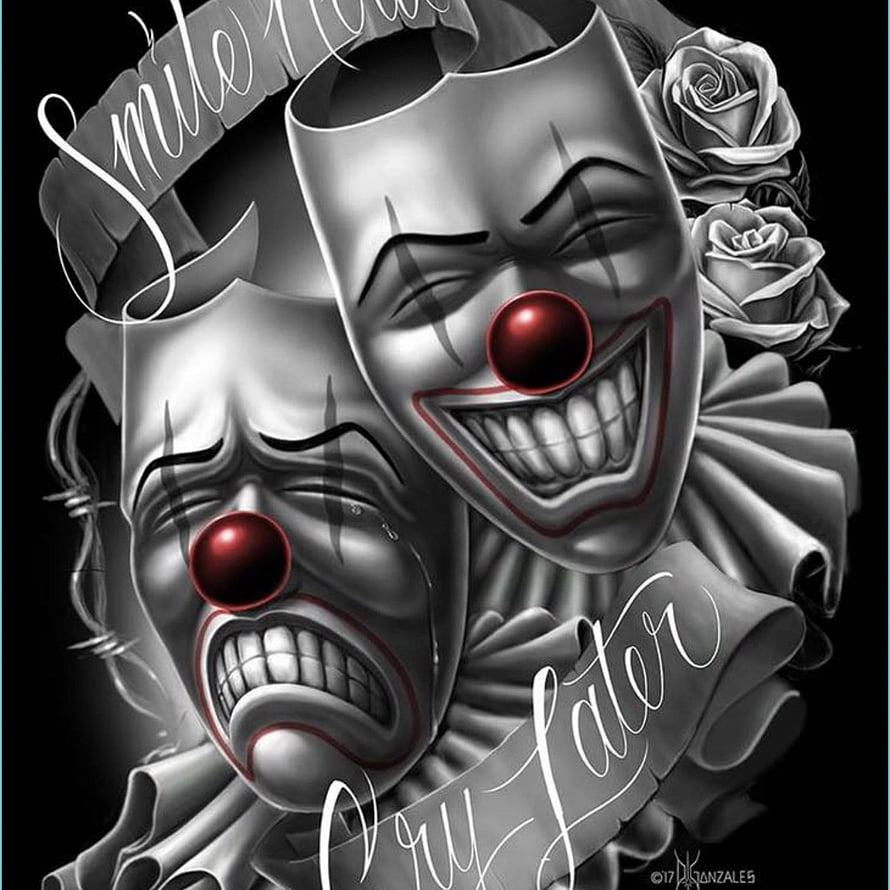 Chicano Art Clown Masks with Red Noses and Roses HD phone wallpaper
