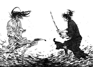 Vagabond manga duel scene by Takehiko Inoue in black and white ink style HD wallpaper