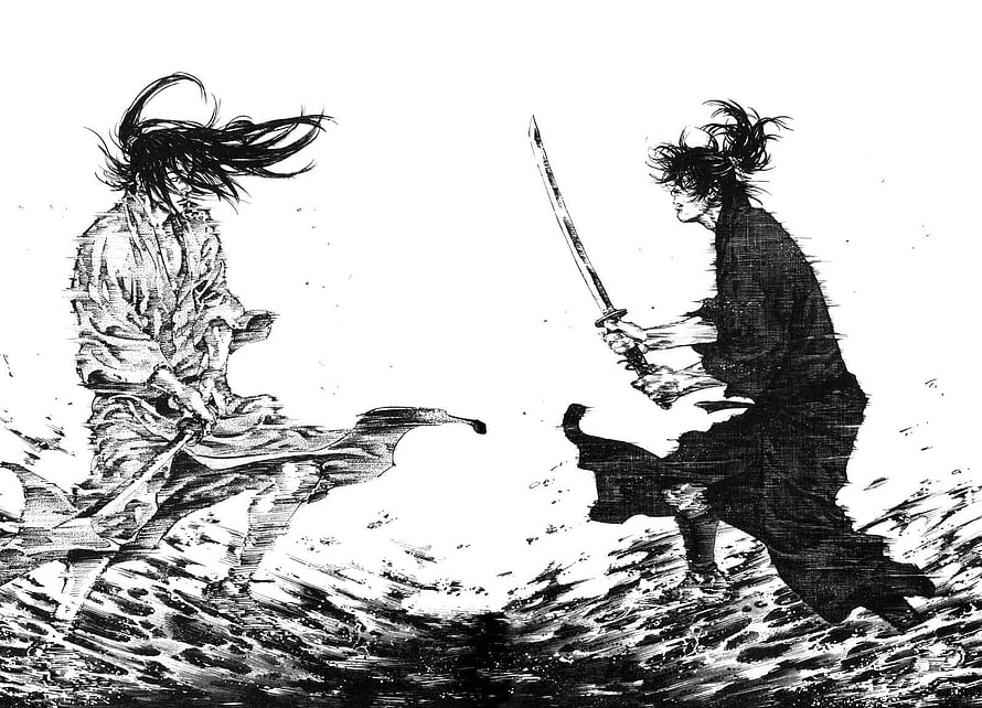 Vagabond manga duel scene by Takehiko Inoue in black and white ink style HD wallpaper