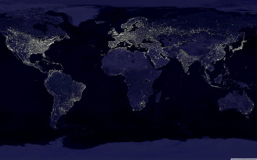 Illuminated World Map at Night with City Lights on Dark Blue Background HD wallpaper