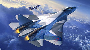 Sukhoi Su-57 Stealth Fighter Jet in High-Altitude Flight with Afterburners HD wallpaper
