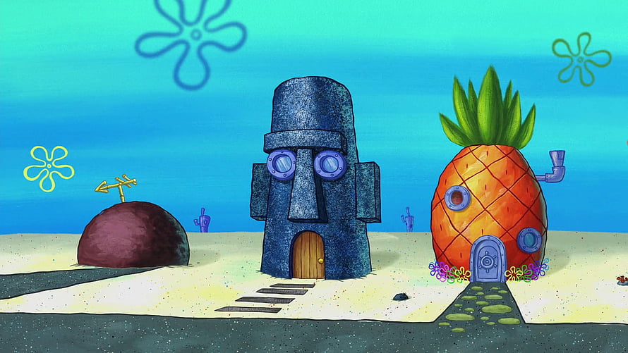 SpongeBob SquarePants Bikini Bottom Neighborhood with Pineapple House and Easter Island Head HD wallpaper