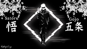 Satoru Gojo from Jujutsu Kaisen in Black and White Anime Art with Cherry Blossoms HD wallpaper