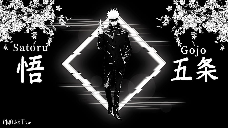 Satoru Gojo from Jujutsu Kaisen in Black and White Anime Art with Cherry Blossoms HD wallpaper