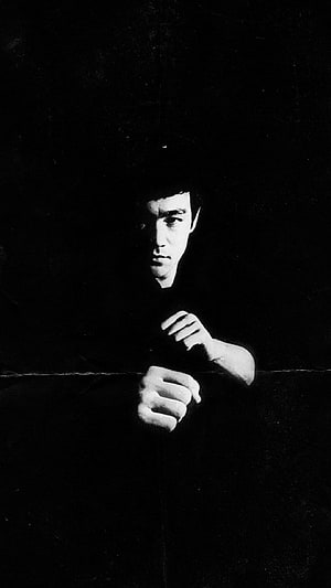 Bruce Lee Black and White Portrait in Martial Arts Fighting Stance HD phone wallpaper