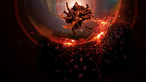 Lord Shiva Cosmic Warrior with Trishula and Floating Numbers in Fiery Digital Art HD wallpaper