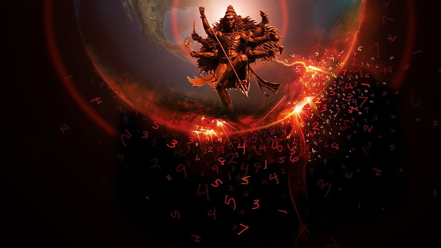 Lord Shiva Cosmic Warrior with Trishula and Floating Numbers in Fiery Digital Art HD wallpaper