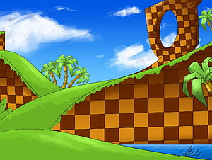 Sonic the Hedgehog Tropical Island Level Background with Checkered Terrain and Palm Trees HD wallpaper