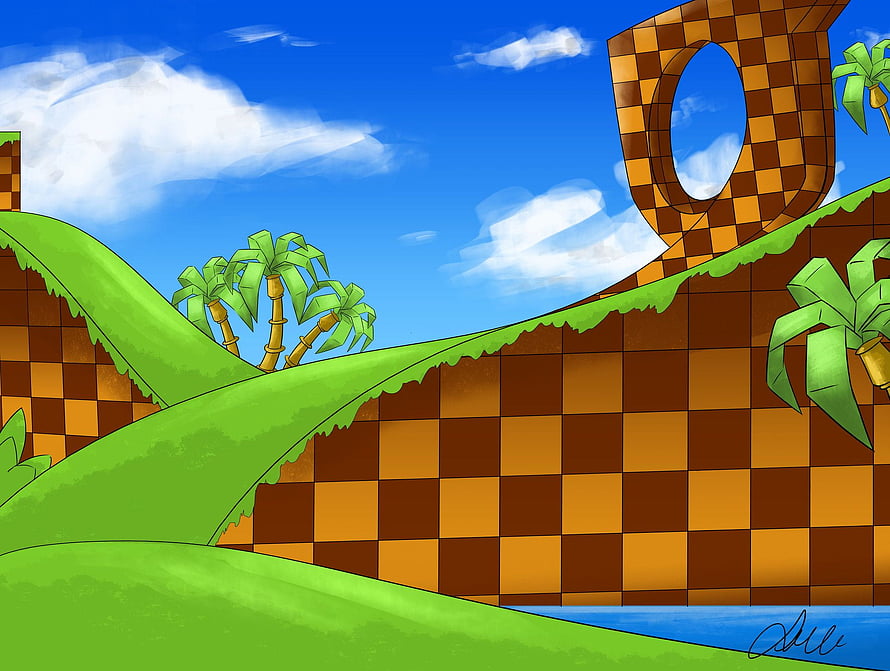 Sonic the Hedgehog Tropical Island Level Background with Checkered Terrain and Palm Trees HD wallpaper