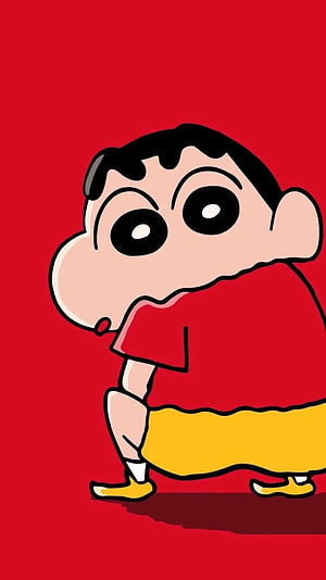 Crayon Shin-chan Cartoon Character in Red Shirt and Yellow Shorts on Bold Red Background HD phone wallpaper