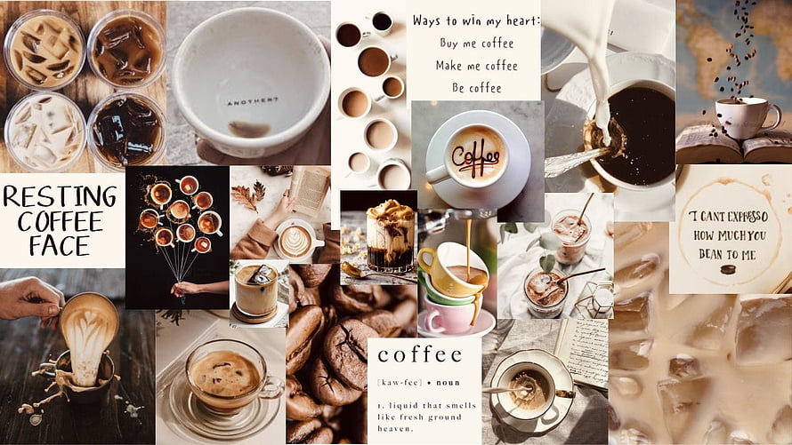 Aesthetic Coffee Collage Featuring Latte Art, Beans, and Inspirational Quotes HD wallpaper