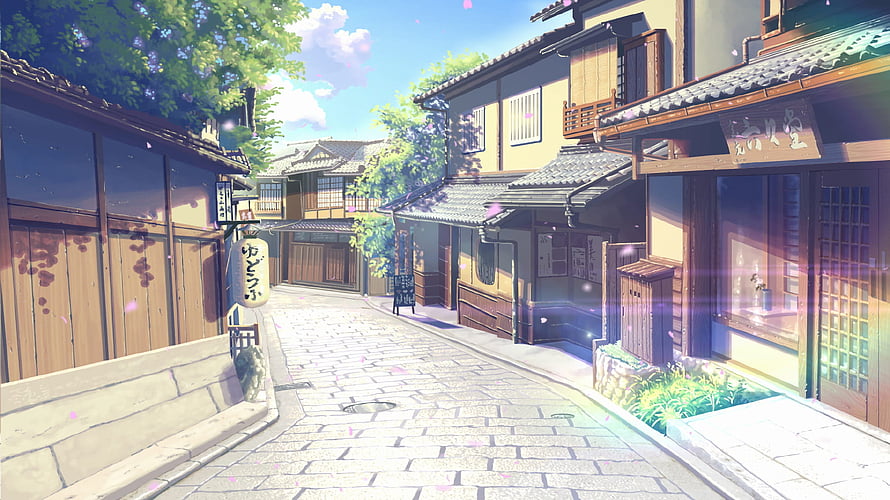 Sunlit Traditional Japanese Alleyway With Wooden Buildings And Stone Path HD wallpaper