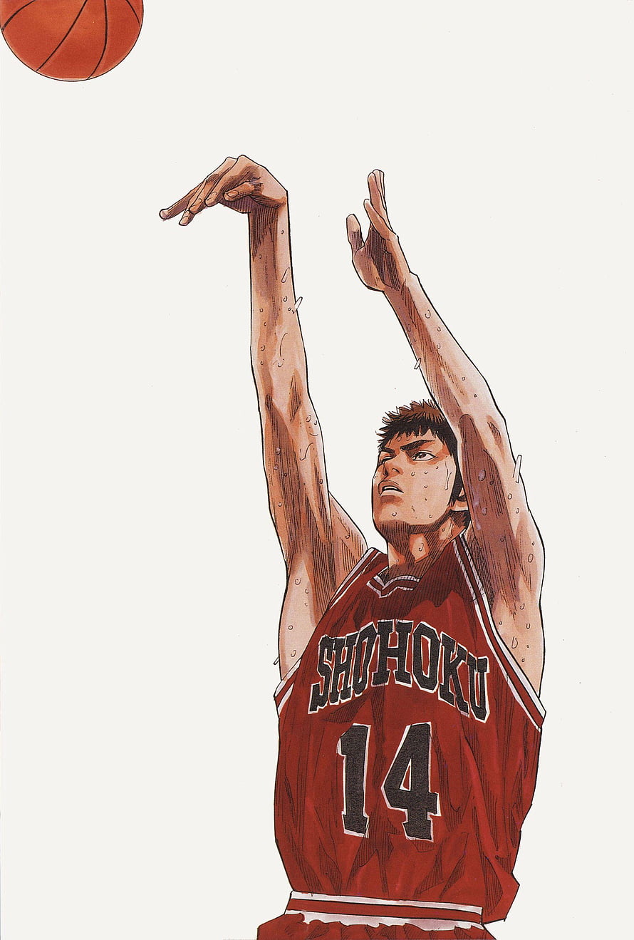 Hisashi Mitsui Shooting a Free Throw in Shohoku Jersey 14 from Slam Dunk HD phone wallpaper
