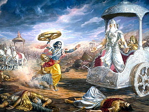 Lord Krishna as Charioteer for Arjuna in the Mahabharata Battle Scene HD wallpaper