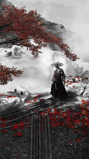 Ghost of Tsushima Samurai Standing on Bamboo Bridge Amidst Red Autumn Leaves and Mist HD phone wallpaper