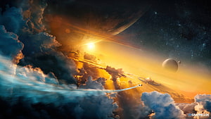 Sci-Fi Space Station Above Dramatic Clouds with Distant Planets and Golden Sunlight HD wallpaper