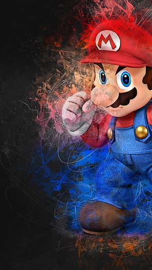 Mario in Dynamic Action Pose with Grunge Texture and Vibrant Color Splashes HD phone wallpaper