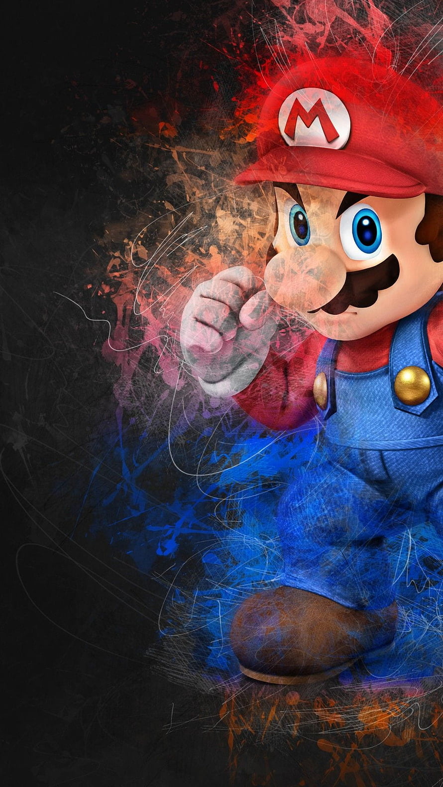 Mario in Dynamic Action Pose with Grunge Texture and Vibrant Color Splashes HD phone wallpaper