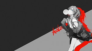 Asuka Langley Anime Girl Blowing Bubblegum in Monochrome with Red Accents HD wallpaper