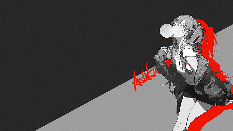 Asuka Langley Anime Girl Blowing Bubblegum in Monochrome with Red Accents HD wallpaper