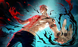 Sukuna from Jujutsu Kaisen unleashing dark cursed energy in dynamic anime action pose HD wallpaper