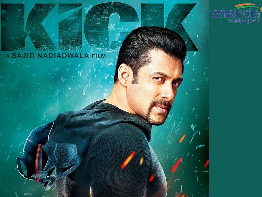 Kick Movie Poster Featuring Salman Khan in Dark Hoodie with Teal Background and Sparks HD wallpaper