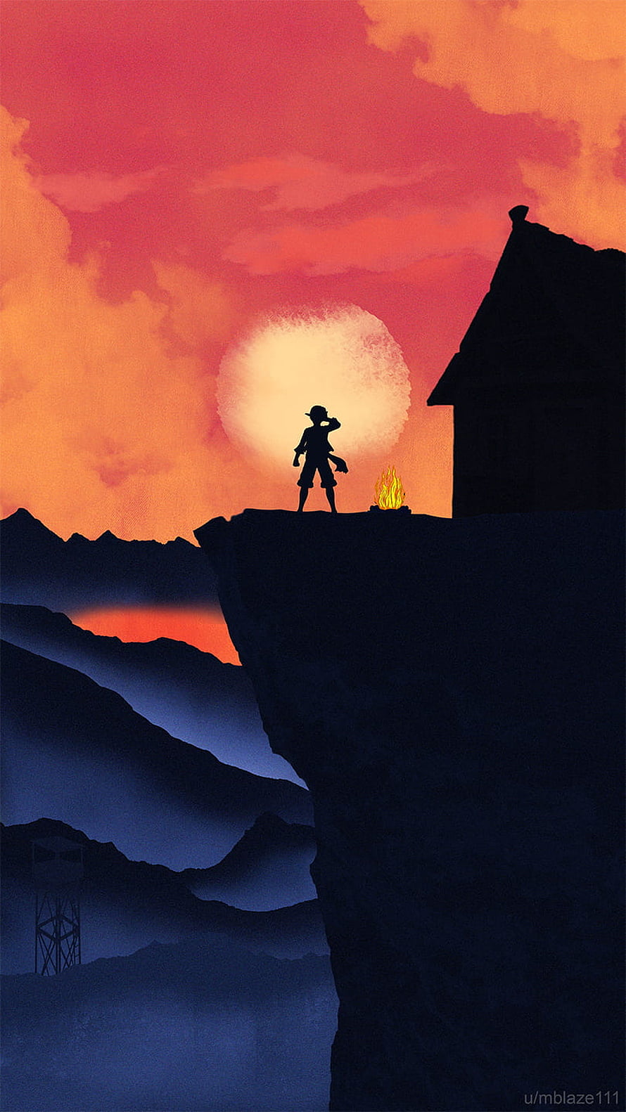 Luffy Silhouette on Cliff at Sunset with Campfire and Ocean View HD phone wallpaper