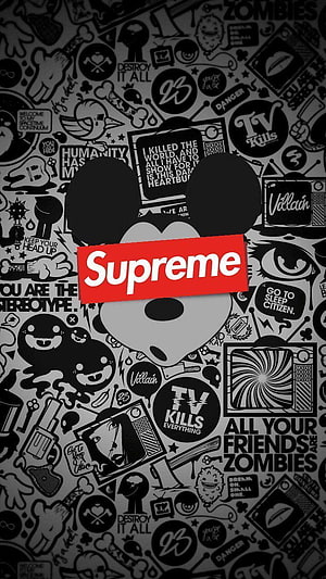 Supreme x Mickey Mouse Black and White Graffiti Pattern Wallpaper HD phone wallpaper