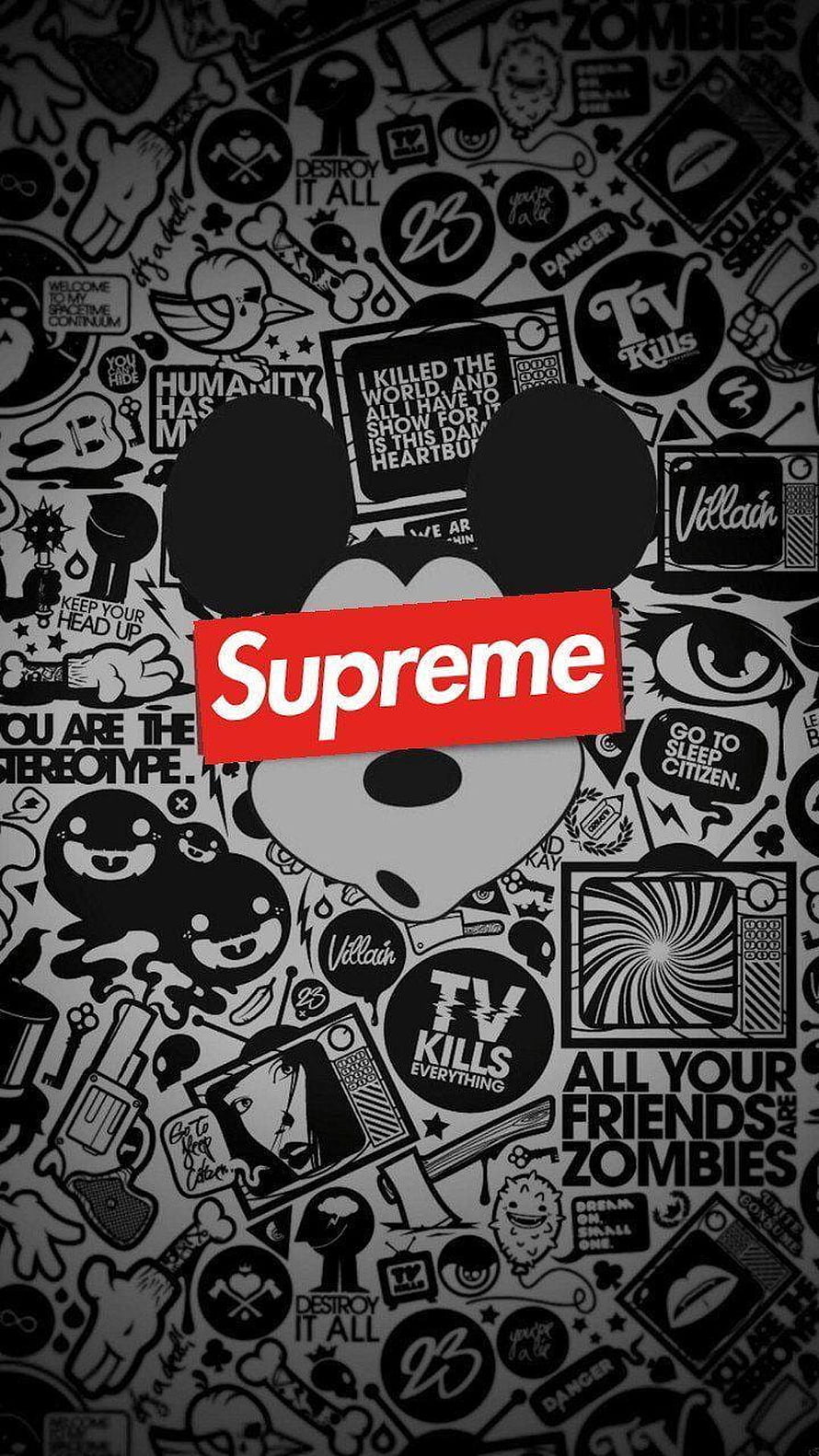Supreme x Mickey Mouse Black and White Graffiti Pattern Wallpaper HD phone wallpaper