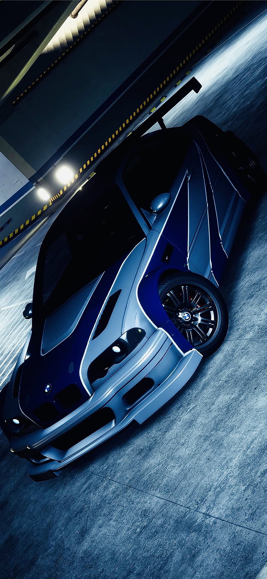 BMW E46 M3 GTR Widebody Concept in Blue and Silver Garage Setting HD phone wallpaper